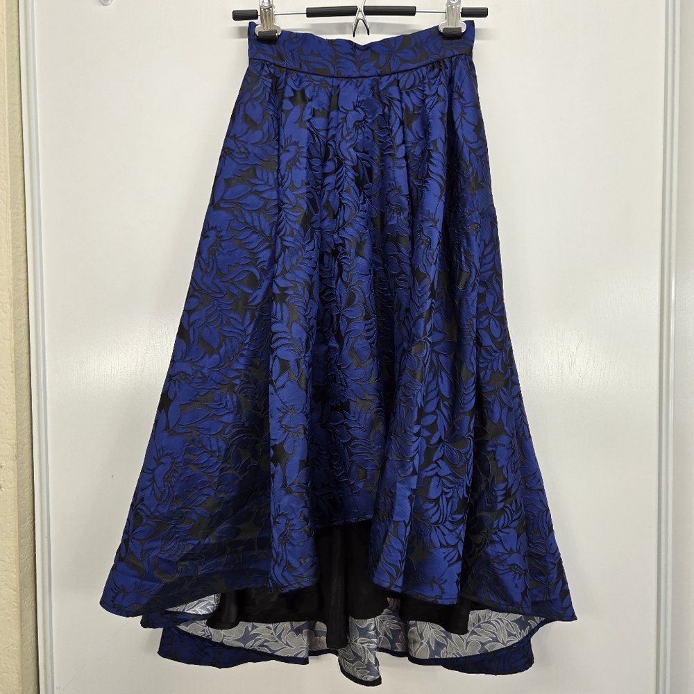 ABS Blue Black Floral Brocade Asymetrical Hi Low Formal Maxi Skirt Size 2
